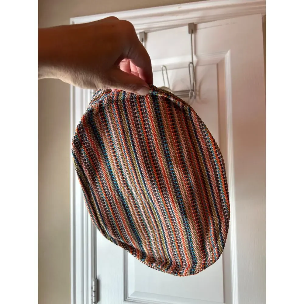 Beach Bag Striped Boho Orange Pom Pom Charm